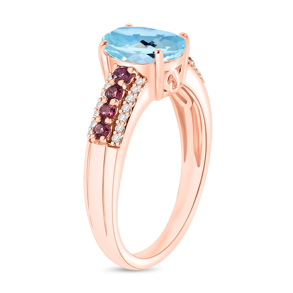 Mangoro Aquamarine, Ouro Fino Rubellite and Diamond 2.11 ctw Ring in 18K Vermeil Rose Gold Over Sterling Silver (Size 10.0) image number 2