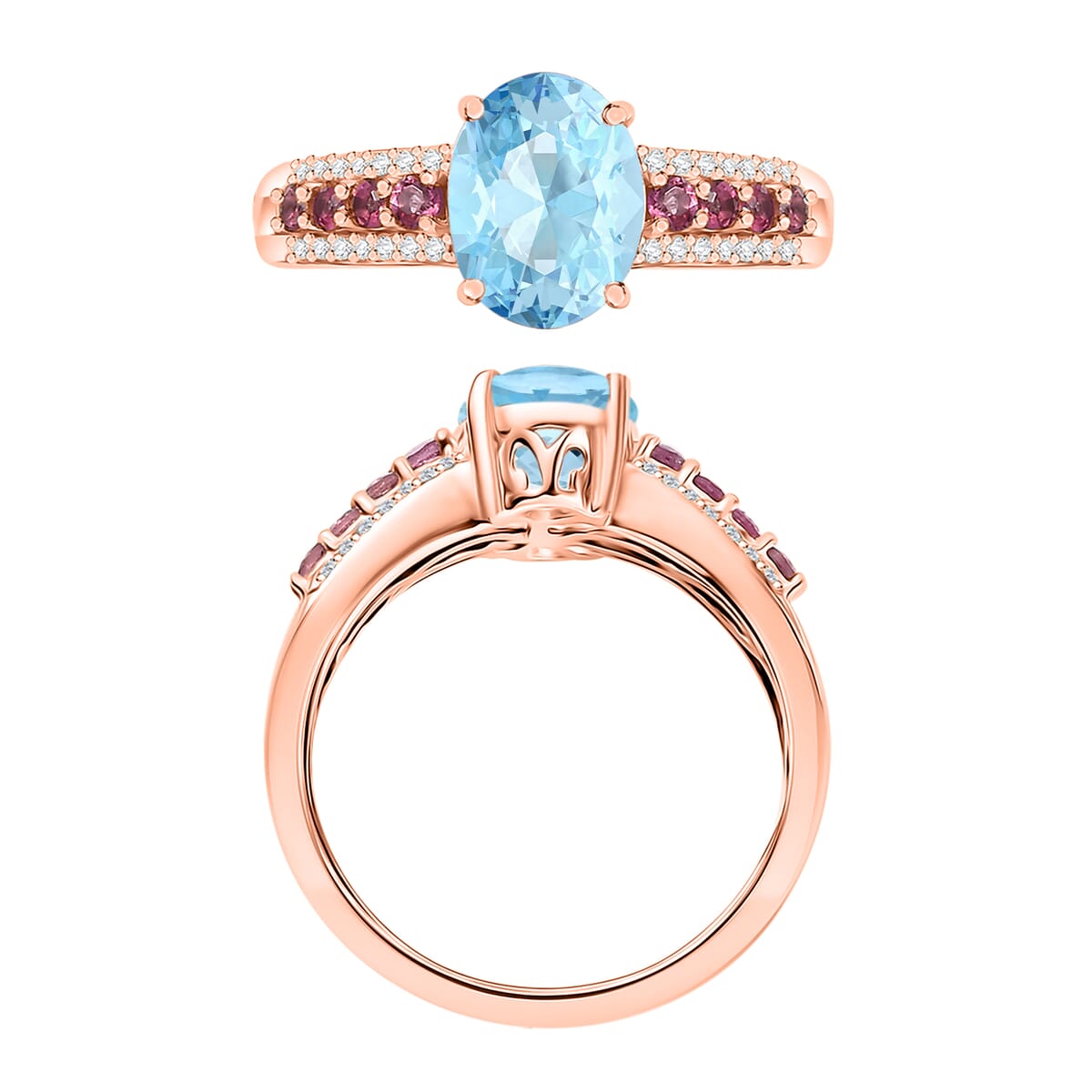 Mangoro Aquamarine, Ouro Fino Rubellite and Diamond 2.11 ctw Ring in 18K Vermeil Rose Gold Over Sterling Silver (Size 10.0) image number 3