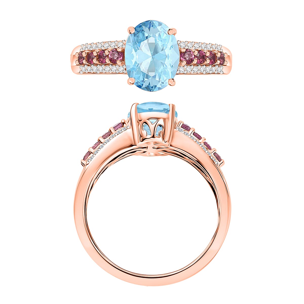 D'Joy Mangoro Aquamarine, Ouro Fino Rubellite and Diamond 2.11 ctw Ring in 18K Vermeil Rose Gold Over Sterling Silver (Size 9.5) (Del. in 10-12 Days) image number 3