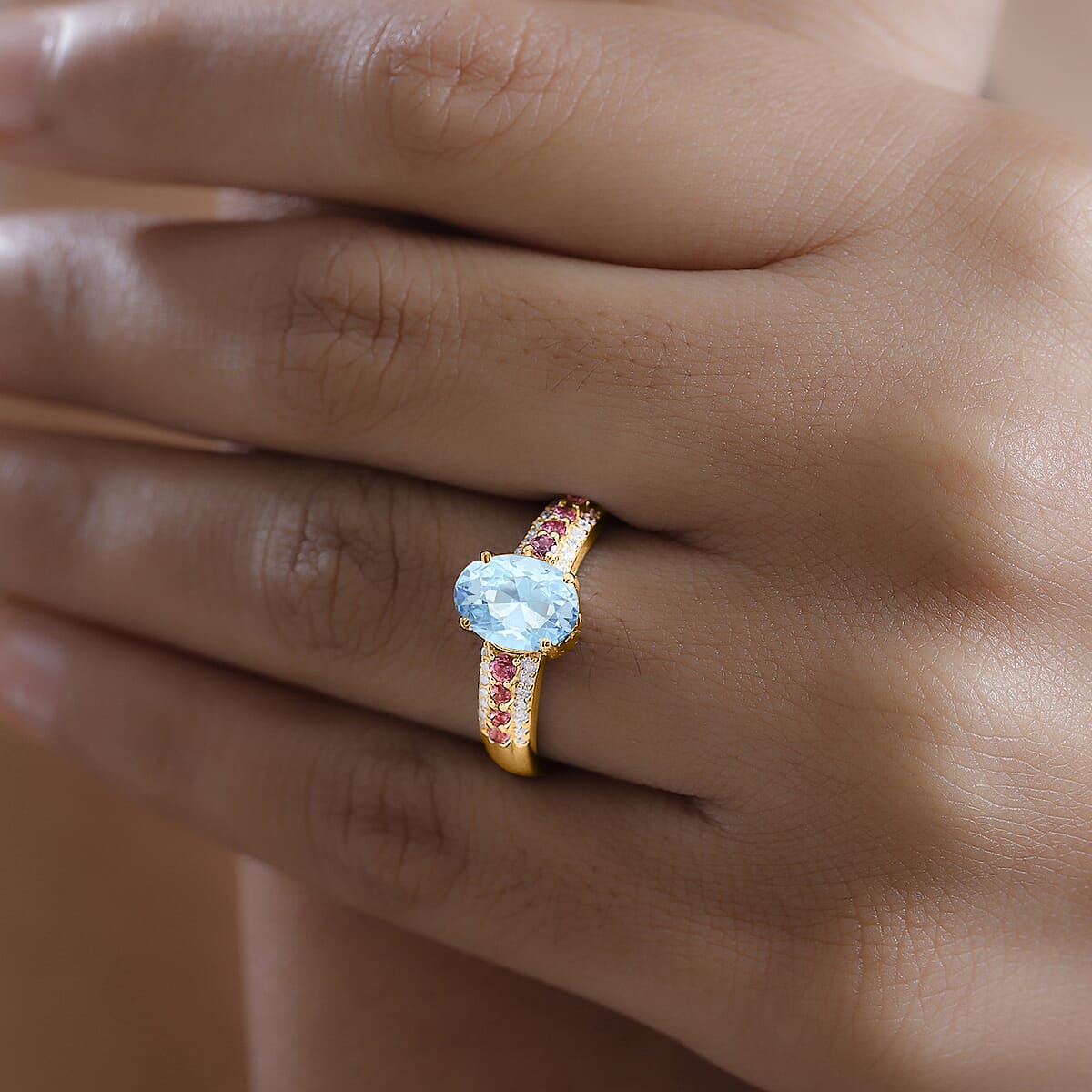 Mangoro Aquamarine, Ouro Fino Rubellite and Diamond 2.11 ctw Ring in 18K Vermeil Yellow Gold Over Sterling Silver (Size 6.5) (Del. in 10-12 Days) image number 1