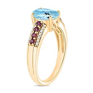 D'Joy Mangoro Aquamarine, Ouro Fino Rubellite and Diamond 2.11 ctw Ring in 18K Vermeil Yellow Gold Over Sterling Silver (Size 8.0)