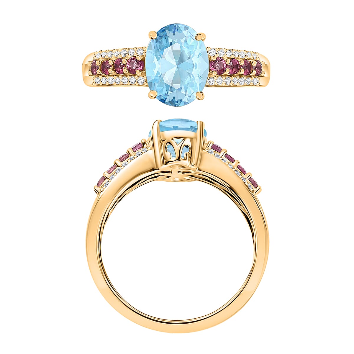 D'Joy Mangoro Aquamarine, Ouro Fino Rubellite and Diamond 2.11 ctw Ring in 18K Vermeil Yellow Gold Over Sterling Silver (Size 8.0) image number 2