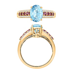 D'Joy Mangoro Aquamarine, Ouro Fino Rubellite and Diamond 2.11 ctw Ring in 18K Vermeil Yellow Gold Over Sterling Silver (Size 8.0)