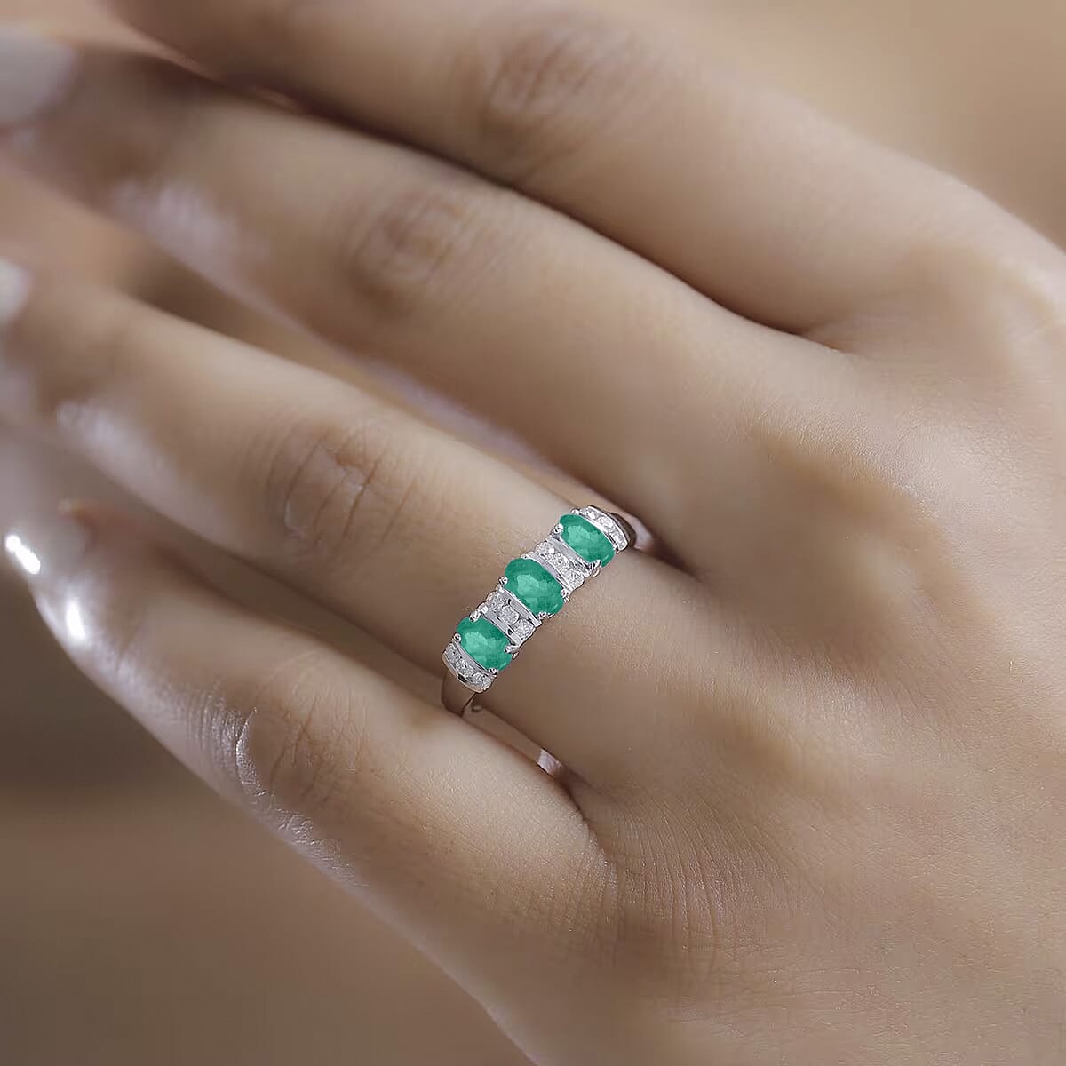 Kagem Zambian Emerald and Moissanite 0.88 ctw Ring in Rhodium Over Sterling Silver (Size 4.0) (Del. in 10-12 Days) image number 1