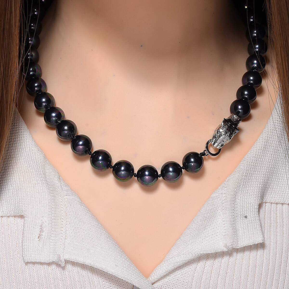 Peacock Shell Pearl Necklace with Leopard Lock in Silvertone (20 Inches) image number 1