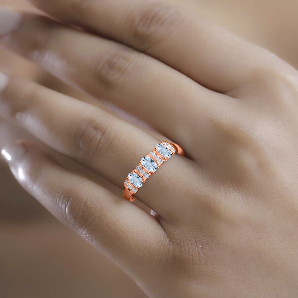 Santa Maria Aquamarine and Moissanite Ring in 18K Vermeil Rose Gold Over Sterling Silver (Size 10.0) 0.94 ctw image number 1
