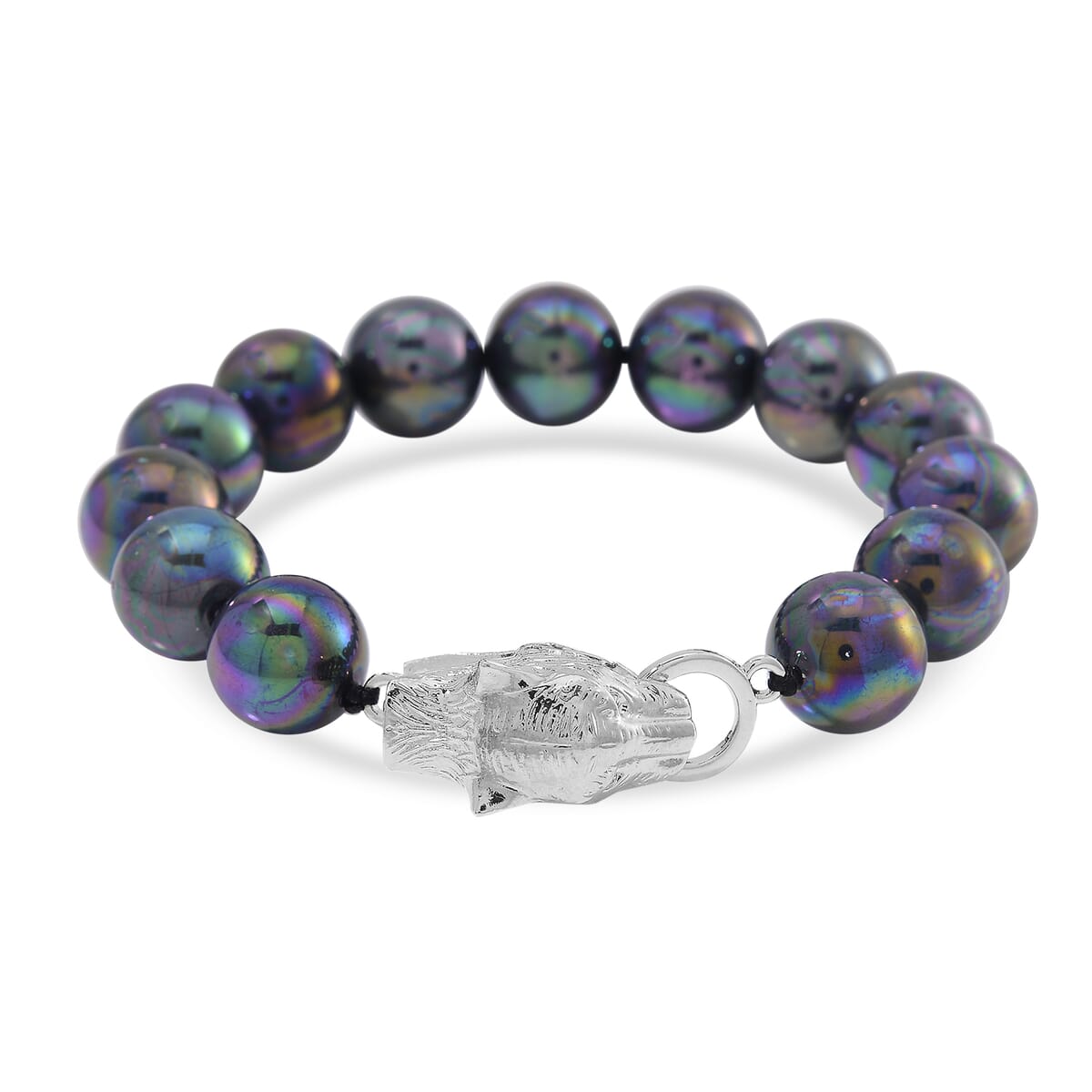 Peacock Color Shell Pearl Bracelet with Leopard Lock in Silvertone (8.00 In) image number 0