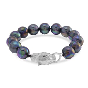 Peacock Color Shell Pearl Bracelet with Leopard Lock in Silvertone (8.00 In)