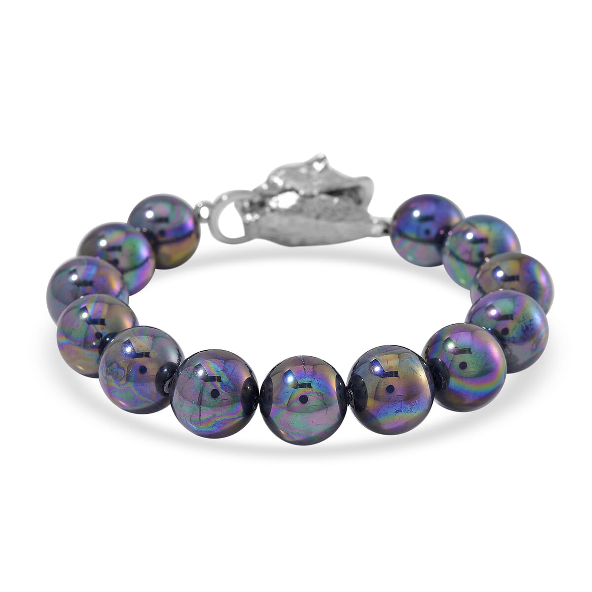 Peacock Color Shell Pearl Bracelet with Leopard Lock in Silvertone (8.00 In) image number 2