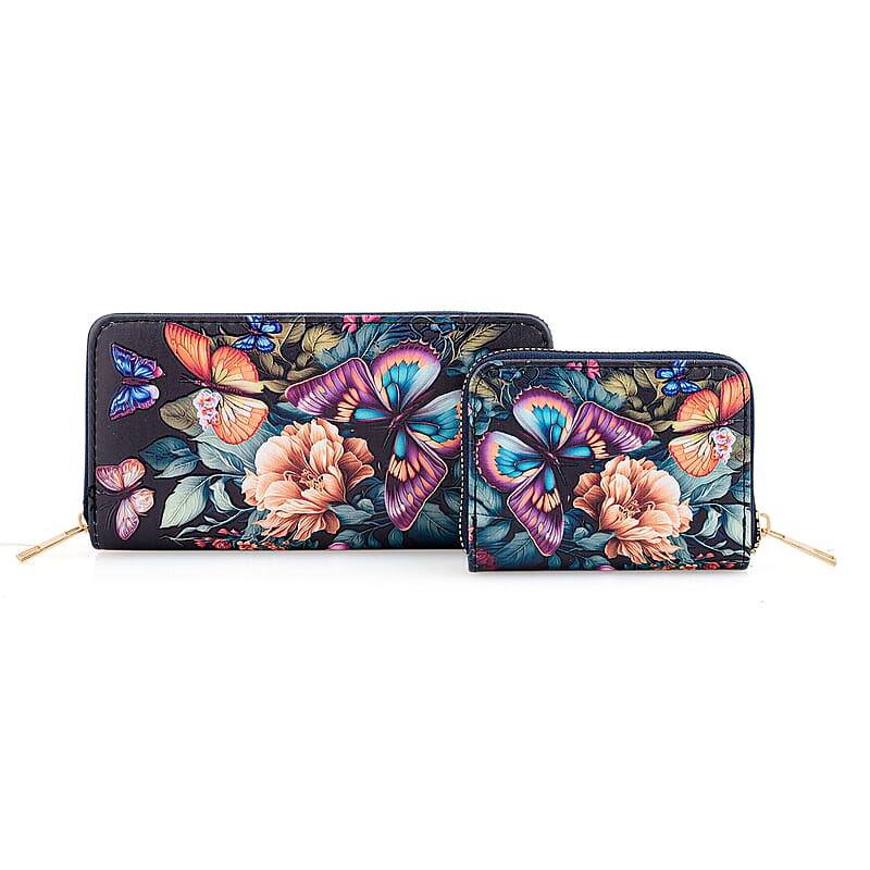 Set of 2 Purple and Blue Butterfly Pattern Long Wallet and Small Wallet