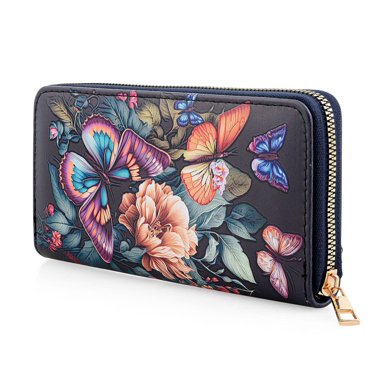 Set of 2 Purple and Blue Butterfly Pattern Long Wallet and Small Wallet