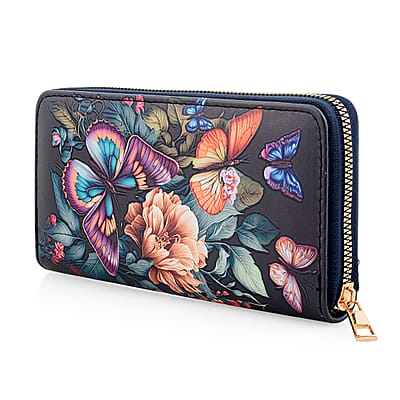 Set of 2 Purple and Blue Butterfly Pattern Long Wallet and Small Wallet