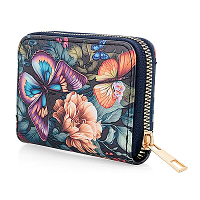 Set of 2 Purple and Blue Butterfly Pattern Long Wallet and Small Wallet