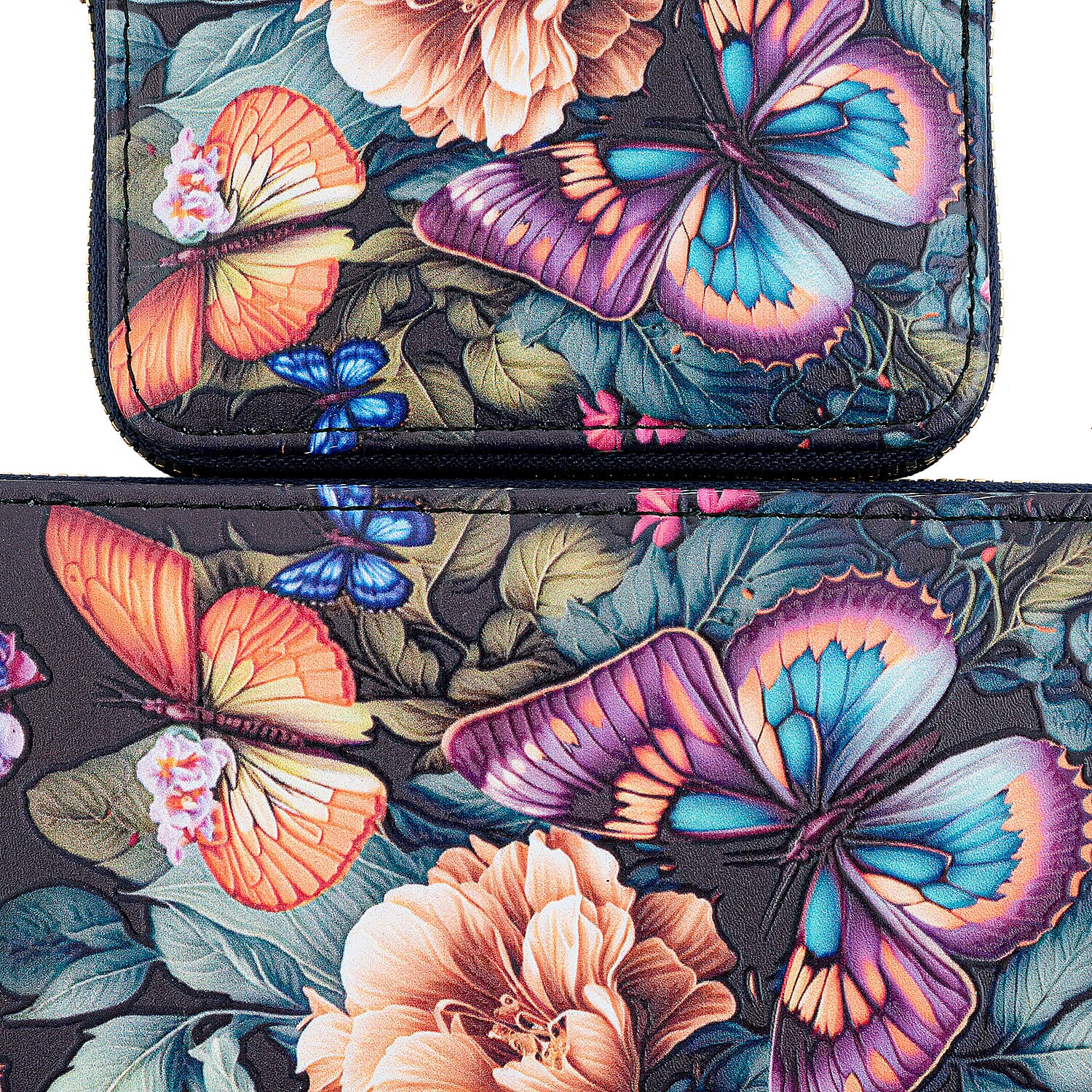 Set of 2 Purple and Blue Butterfly Pattern Long Wallet and Small Wallet