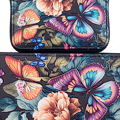 Set of 2 Purple and Blue Butterfly Pattern Long Wallet and Small Wallet
