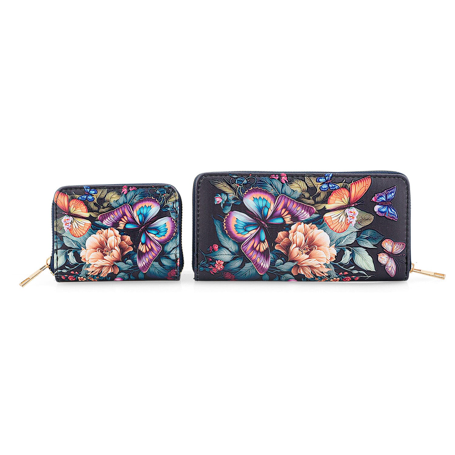 Set of 2 Purple and Blue Butterfly Pattern Long Wallet and Small Wallet
