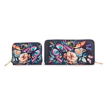 Set of 2 Purple and Blue Butterfly Pattern Long Wallet and Small Wallet
