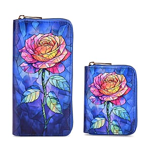 Set of 2 Dark Blue with Rose Pattern Long Wallet and Small Wallet