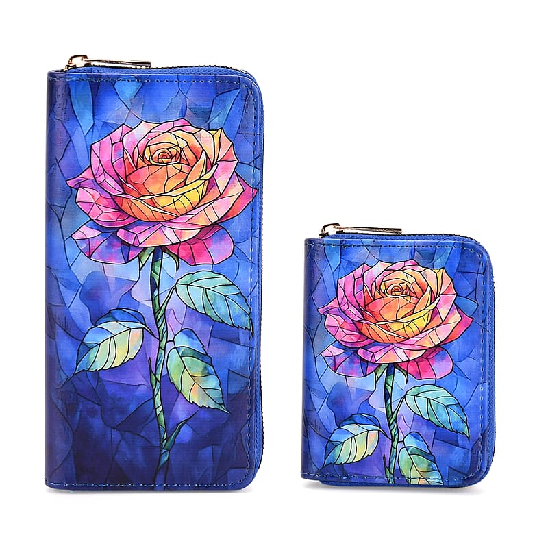 Set of 2 Dark Blue with Rose Pattern Long Wallet and Small Wallet
