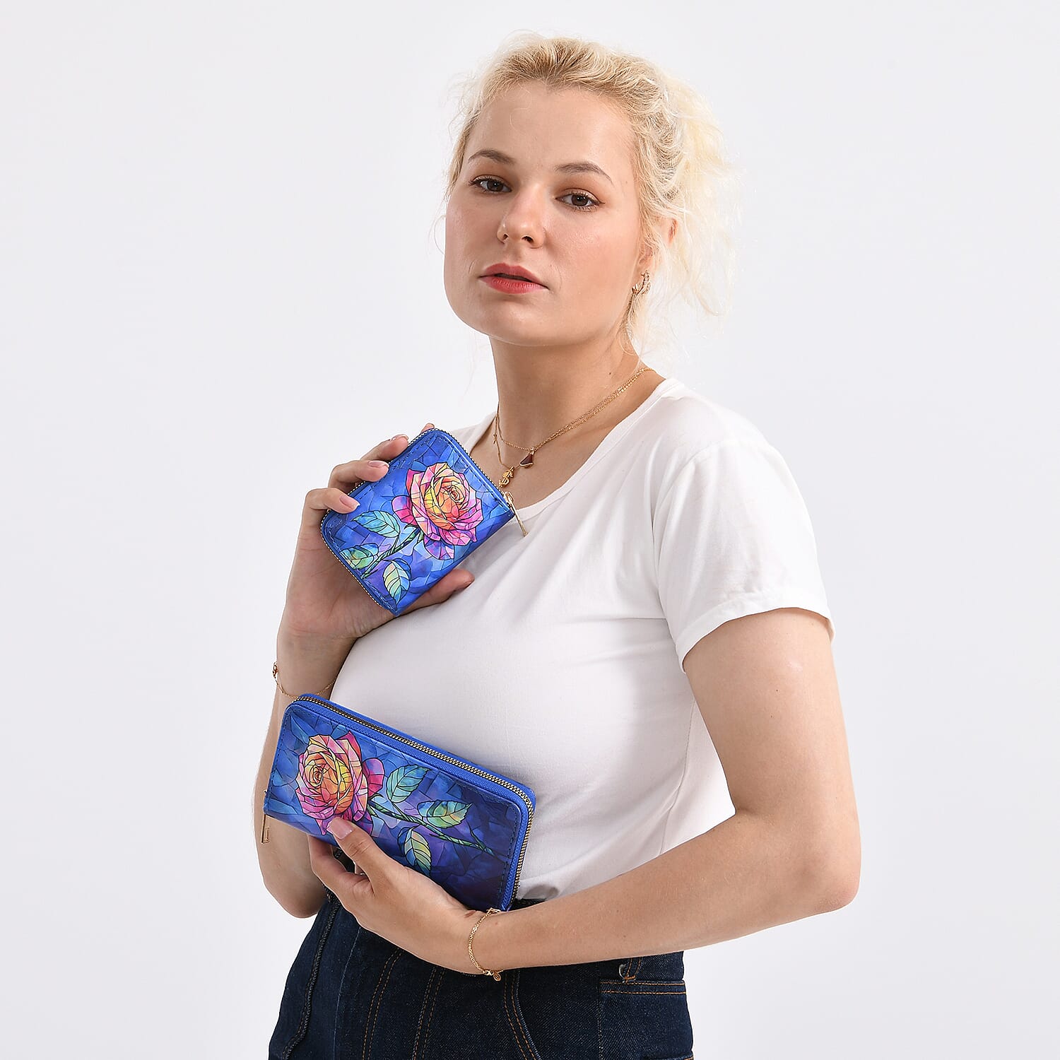 Set of 2 Dark Blue with Rose Pattern Long Wallet and Small Wallet