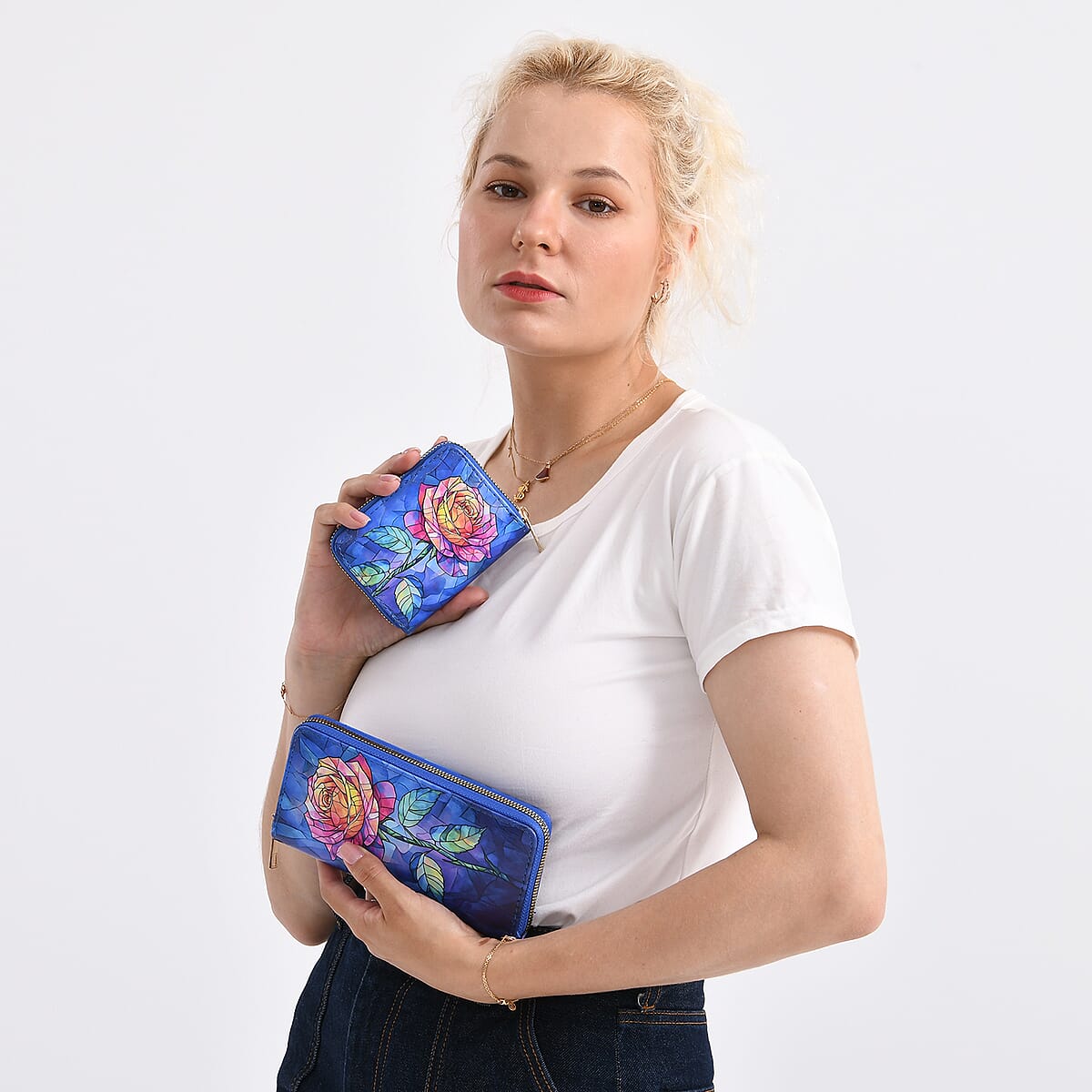 Set of 2 Dark Blue with Rose Pattern Long Wallet and Small Wallet image number 1