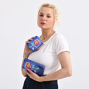 Set of 2 Dark Blue with Rose Pattern Long Wallet and Small Wallet