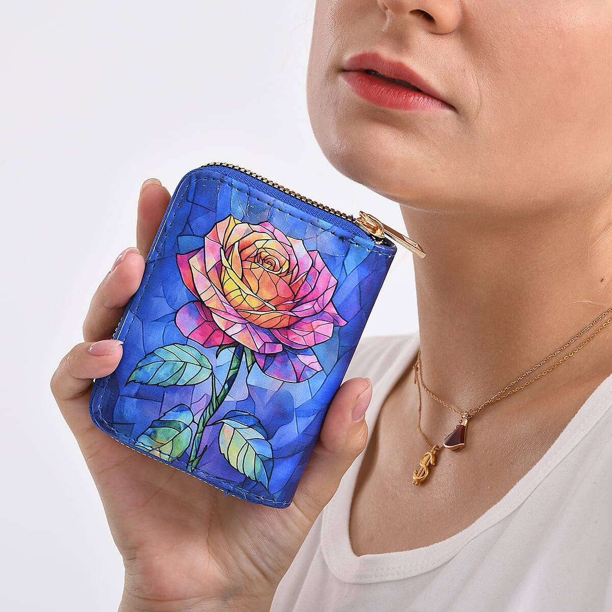 Set of 2 Dark Blue with Rose Pattern Long Wallet and Small Wallet image number 2