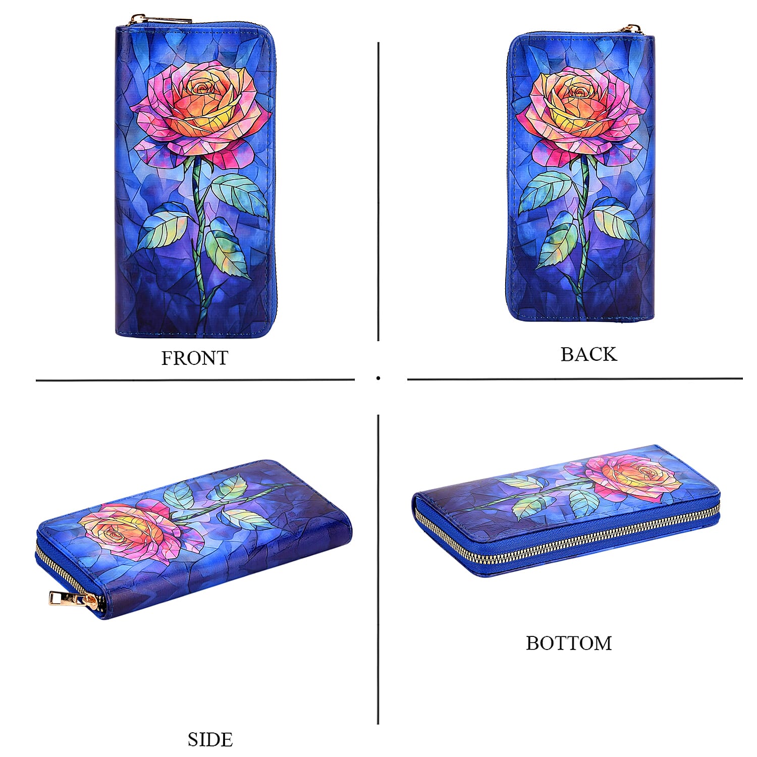 Set of 2 Dark Blue with Rose Pattern Long Wallet and Small Wallet