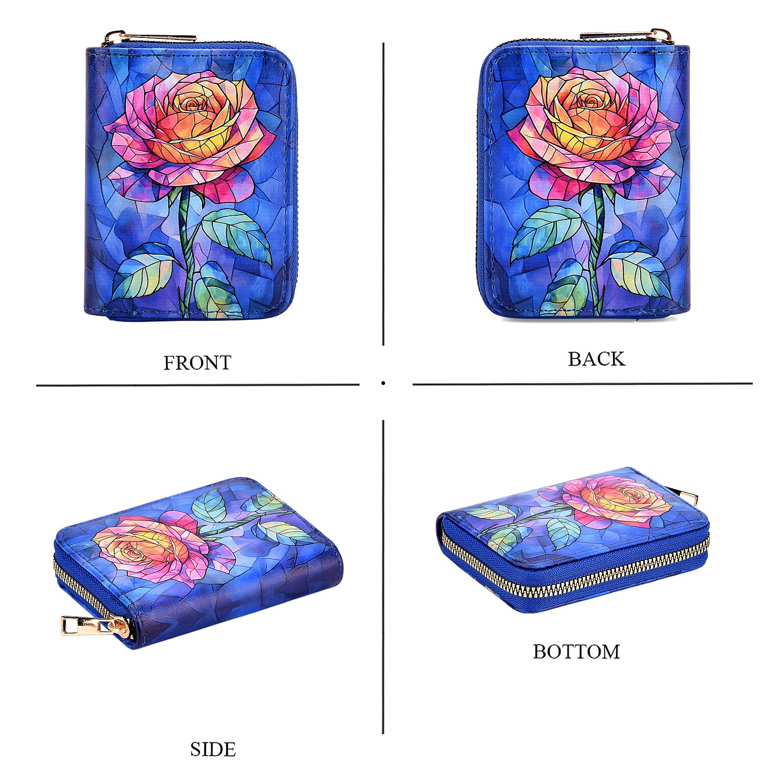 Set of 2 Dark Blue with Rose Pattern Long Wallet and Small Wallet