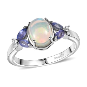 D'Joy Ethiopian Welo Opal and Multi Gemstone 1.15 ctw Ring in Rhodium Over Sterling Silver (Size 10.0)
