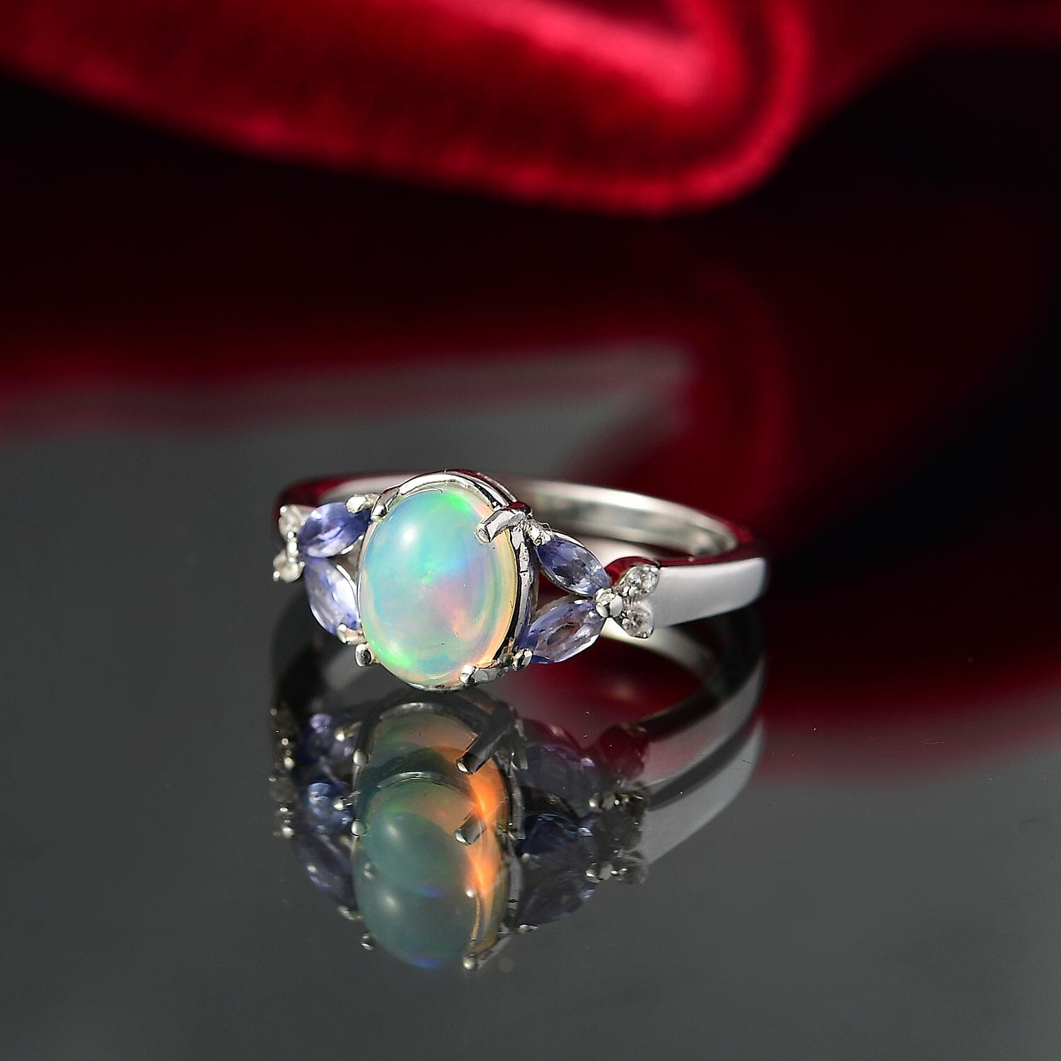D'Joy Ethiopian Welo Opal and Multi Gemstone 1.15 ctw Ring in Rhodium Over Sterling Silver (Size 10.0)