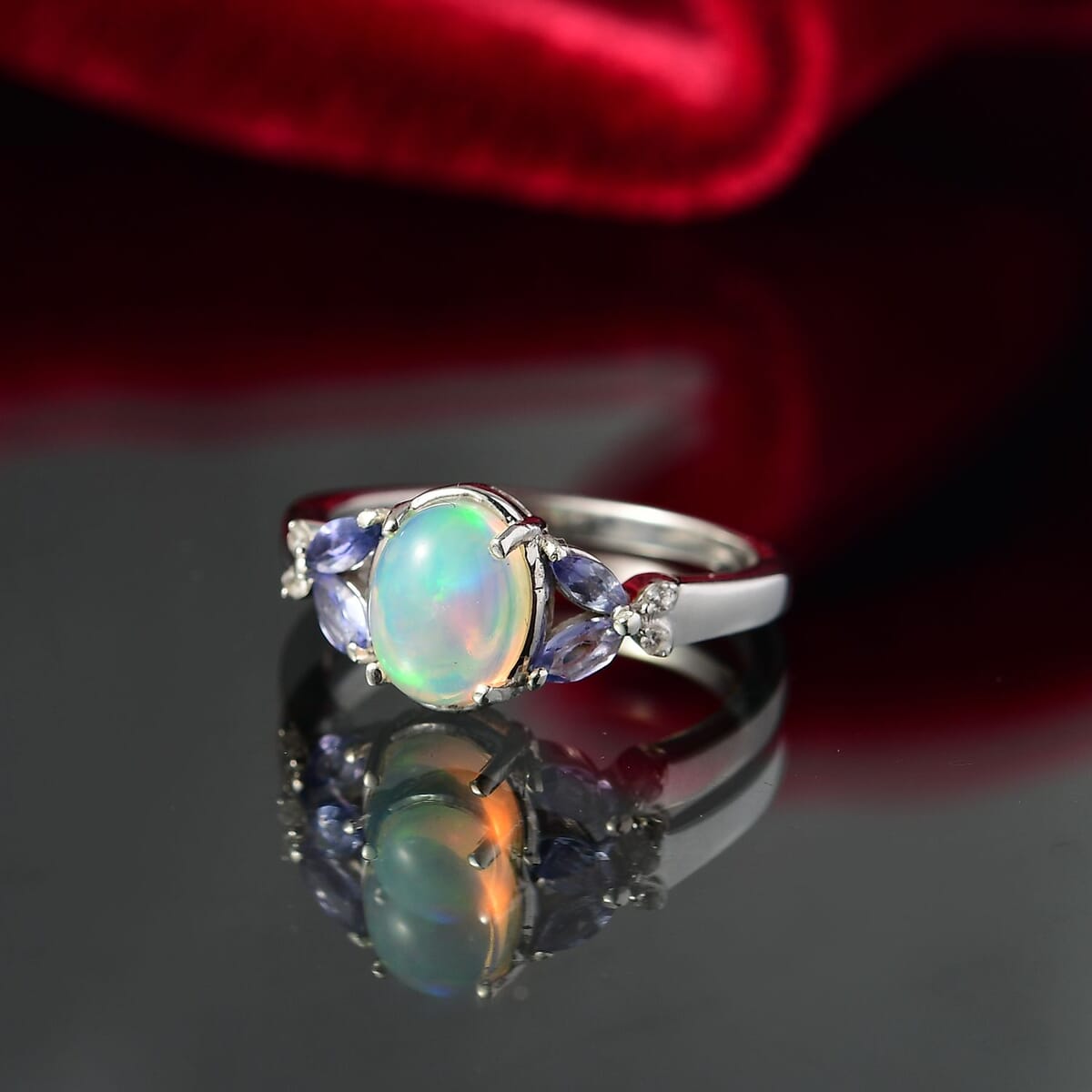 D'Joy Ethiopian Welo Opal and Multi Gemstone 1.15 ctw Ring in Rhodium Over Sterling Silver (Size 10.0) image number 1