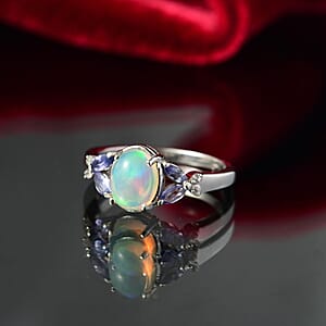 D'Joy Ethiopian Welo Opal and Multi Gemstone 1.15 ctw Ring in Rhodium Over Sterling Silver (Size 7.0)