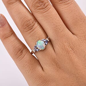 D'Joy Ethiopian Welo Opal and Multi Gemstone 1.15 ctw Ring in Rhodium Over Sterling Silver (Size 9.0)