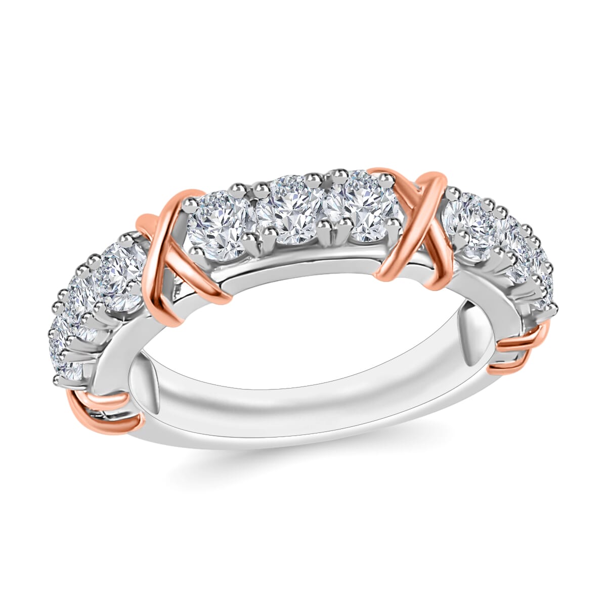 Moissanite 0.90 ctw XOXO Band Ring in 18K Vermeil RG and Rhodium Over Sterling Silver (Size 10.0) image number 0