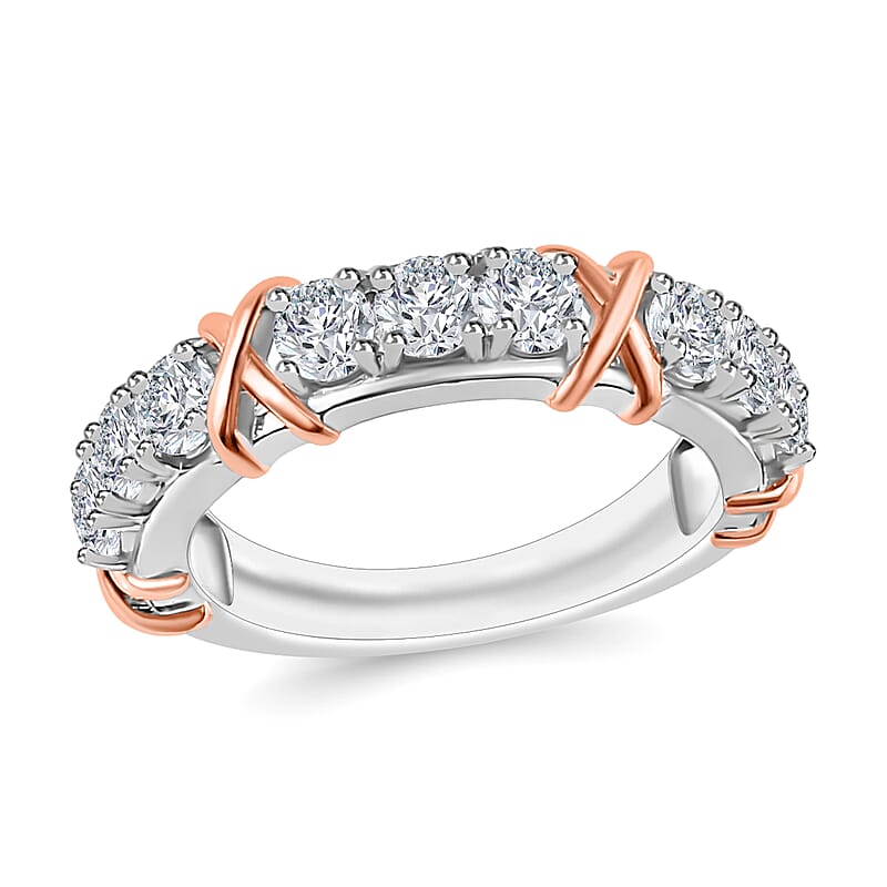 Moissanite 0.90 ctw XOXO Band Ring in 18K Vermeil RG and Rhodium Over Sterling Silver (Size 10.0)