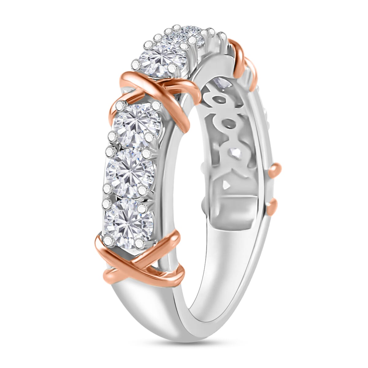 Moissanite 0.90 ctw XOXO Band Ring in 18K Vermeil RG and Rhodium Over Sterling Silver (Size 10.0) image number 1