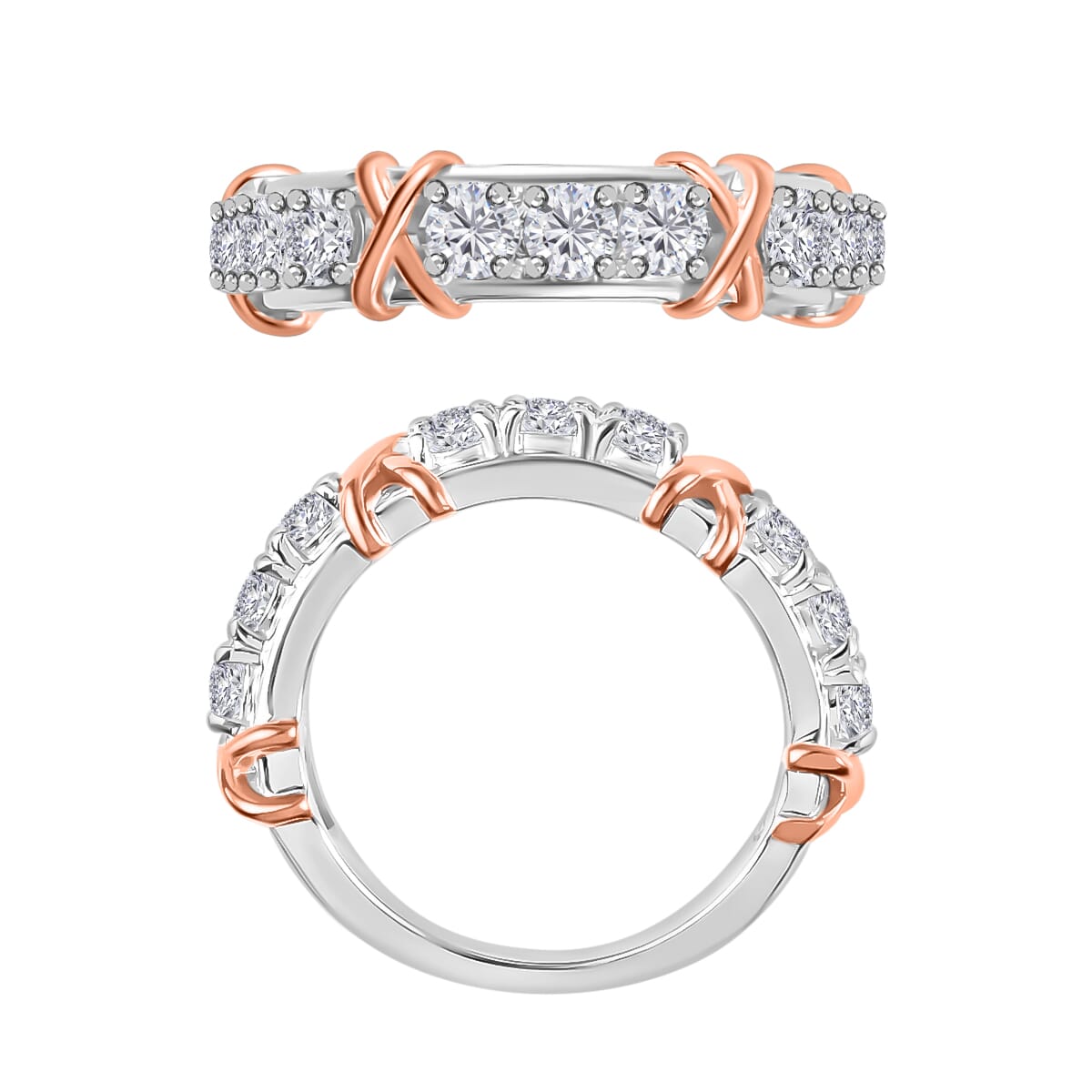 Moissanite 0.90 ctw XOXO Band Ring in 18K Vermeil RG and Rhodium Over Sterling Silver (Size 10.0) image number 2