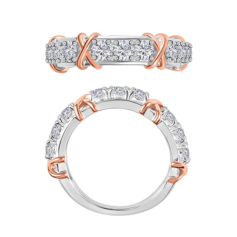 Moissanite 0.90 ctw XOXO Band Ring in 18K Vermeil RG and Rhodium Over Sterling Silver (Size 10.0)