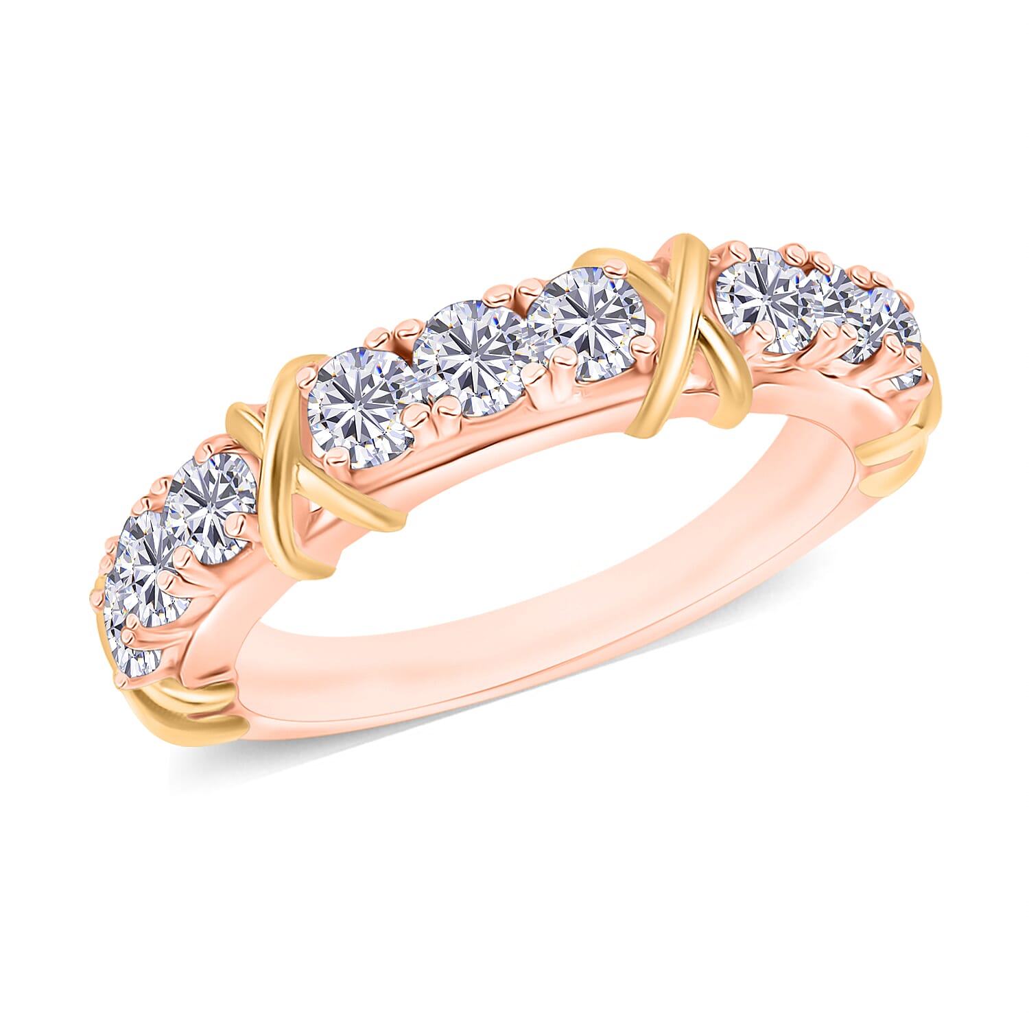 Moissanite 0.90 ctw XOXO Band Ring in 18K Vermeil RG and Rhodium Over Sterling Silver (Size 5.5) (Del. in 10-12 Days)