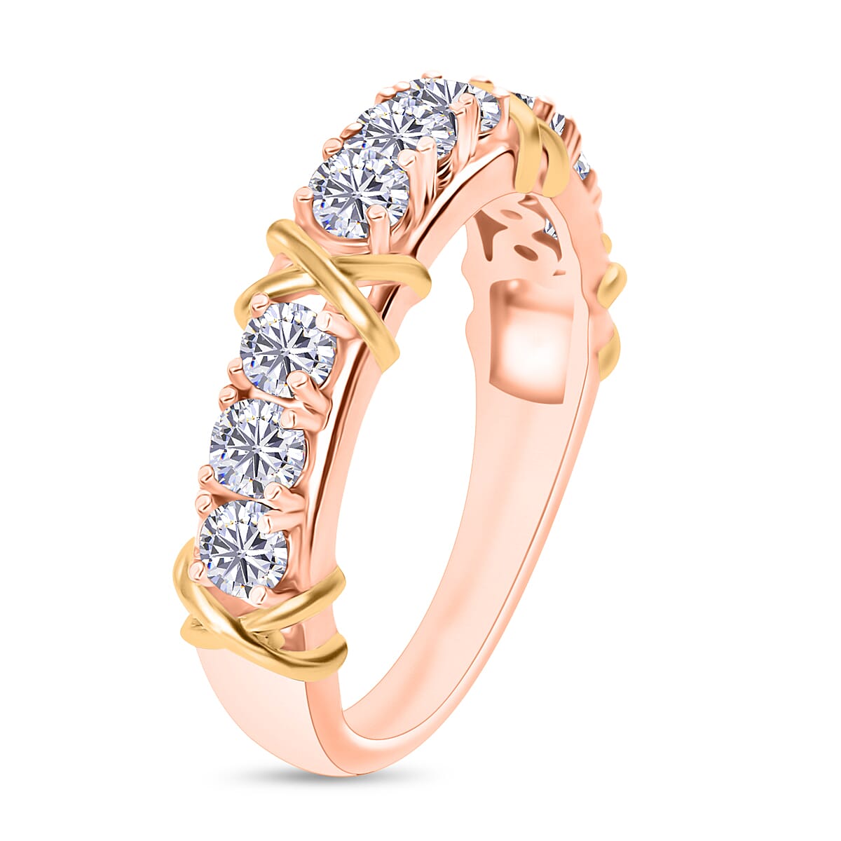 Moissanite 0.90 ctw XOXO Band Ring in 18K Vermeil RG and Rhodium Over Sterling Silver (Size 5.5) (Del. in 10-12 Days)