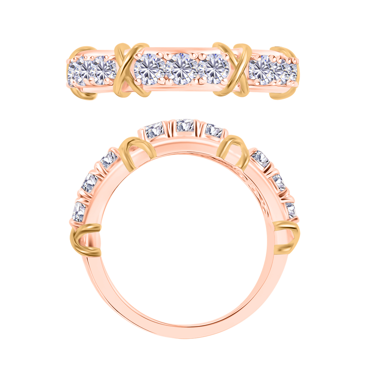 Moissanite 0.90 ctw XOXO Band Ring in 18K Vermeil RG and Rhodium Over Sterling Silver (Size 5.5) (Del. in 10-12 Days)