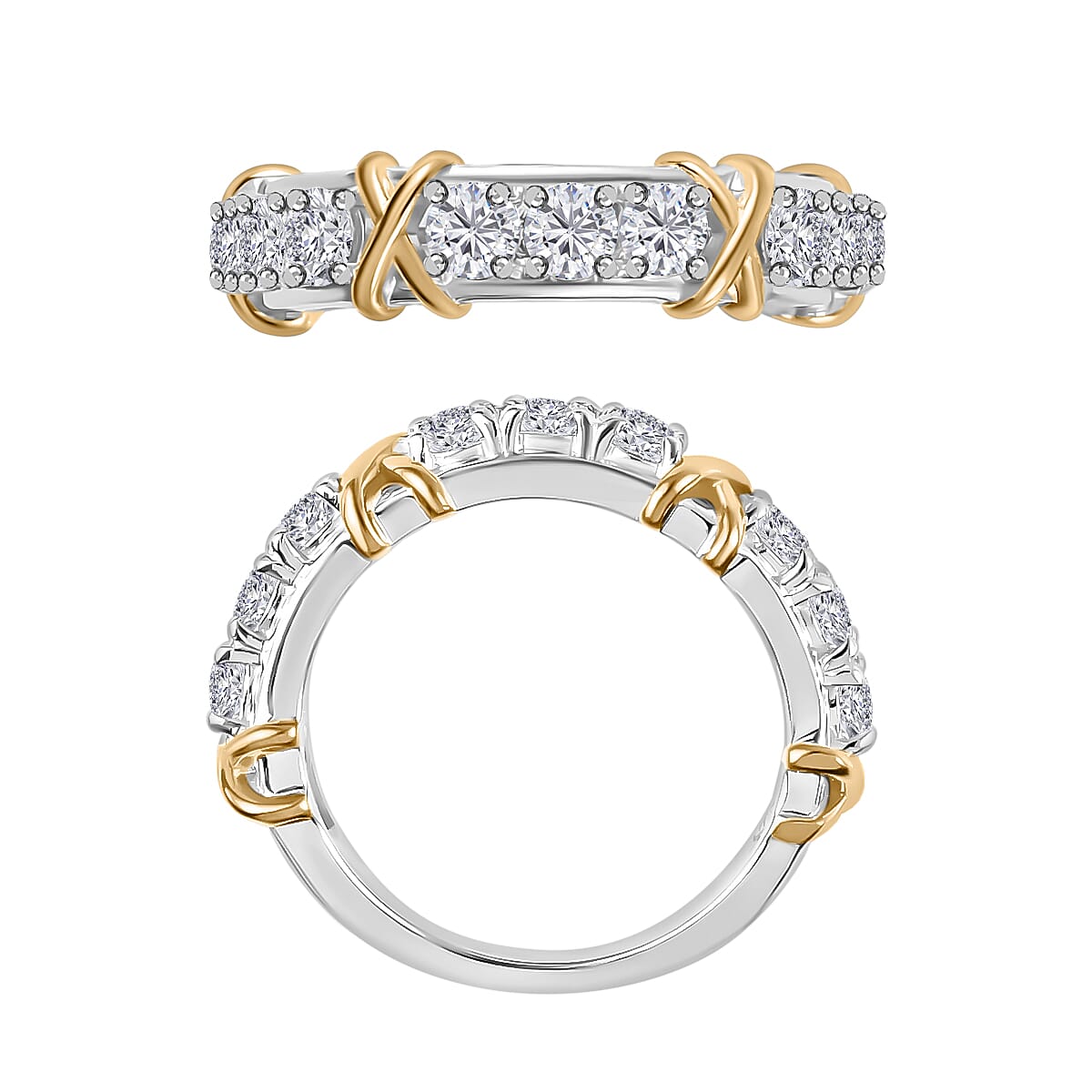 D'Joy Moissanite 0.90 ctw XOXO Band Ring in 18K Vermeil YG and Rhodium Over Sterling Silver (Size 9.5) image number 3