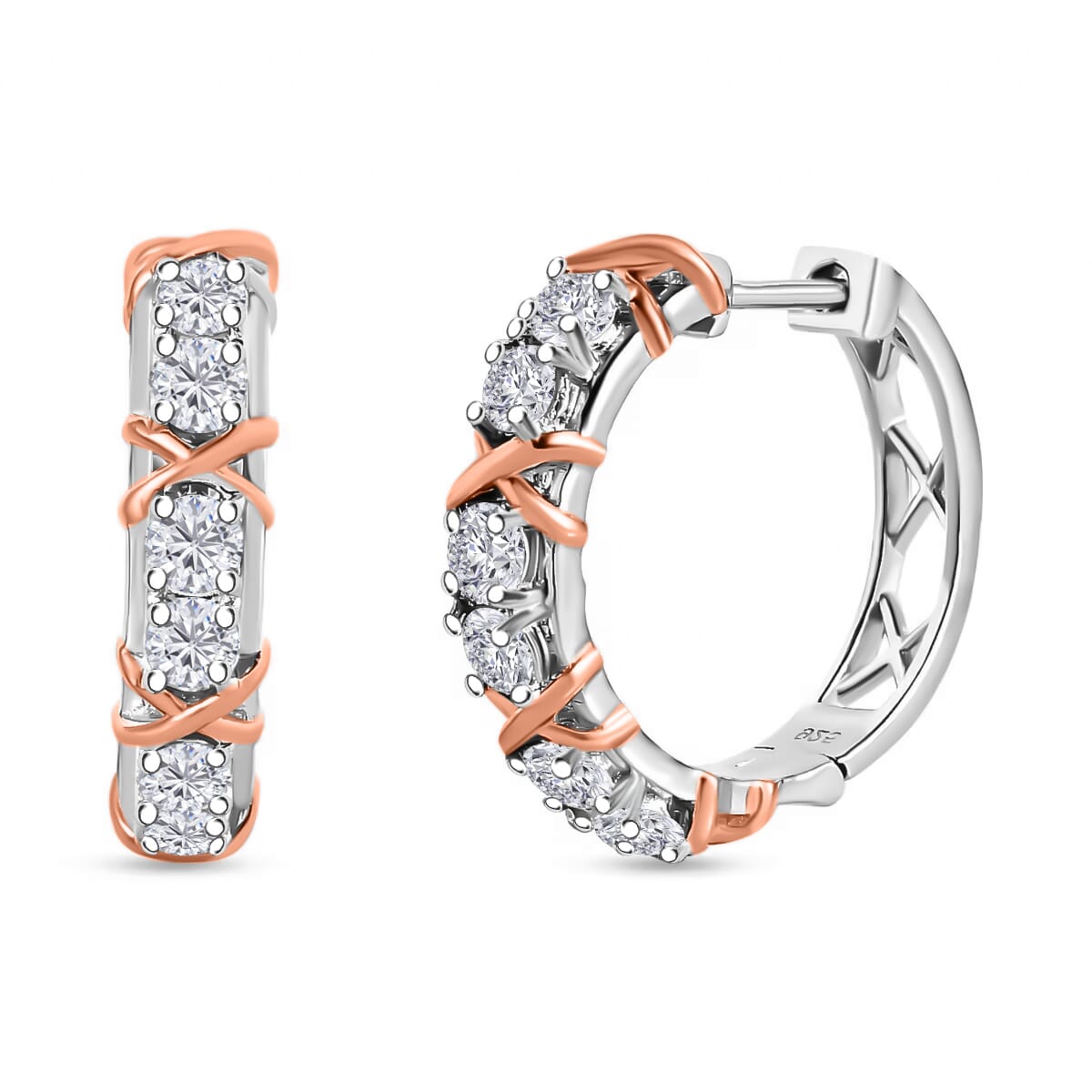 Moissanite 1.44 ctw XOXO Hoop Earrings in 18K Vermeil RG and Rhodium Over Sterling Silver image number 0