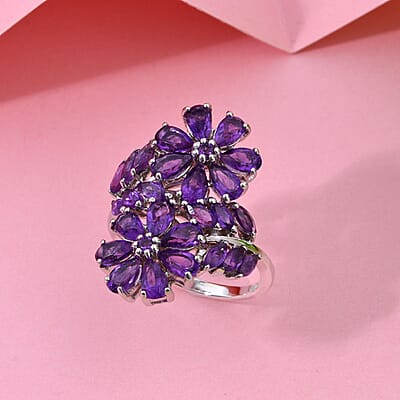 African Amethyst 3.80 ctw Bypass Flower Ring in Rhodium Over Sterling Silver (Size 10.0)