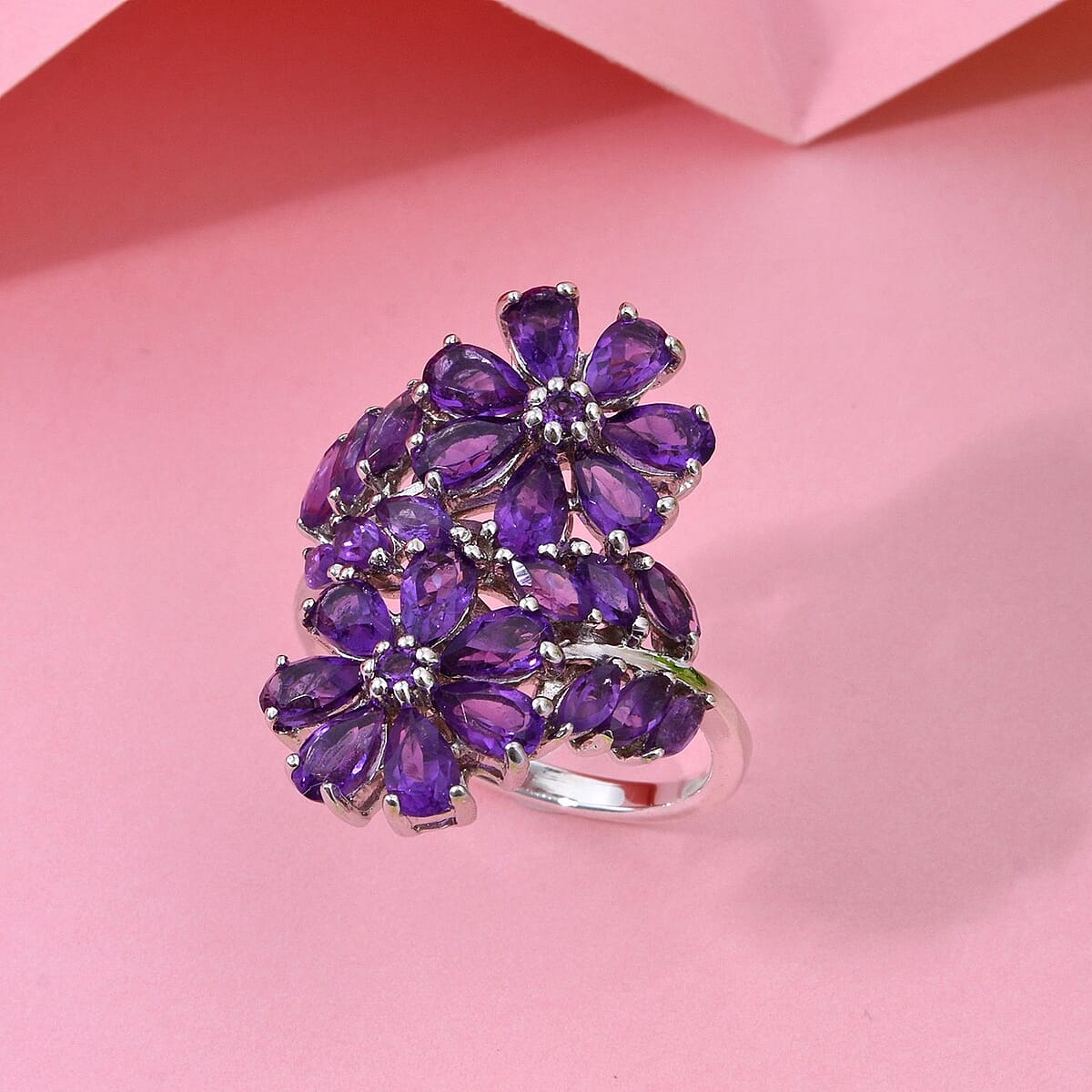 African Amethyst 3.80 ctw Bypass Flower Ring in Rhodium Over Sterling Silver (Size 7.0) image number 1