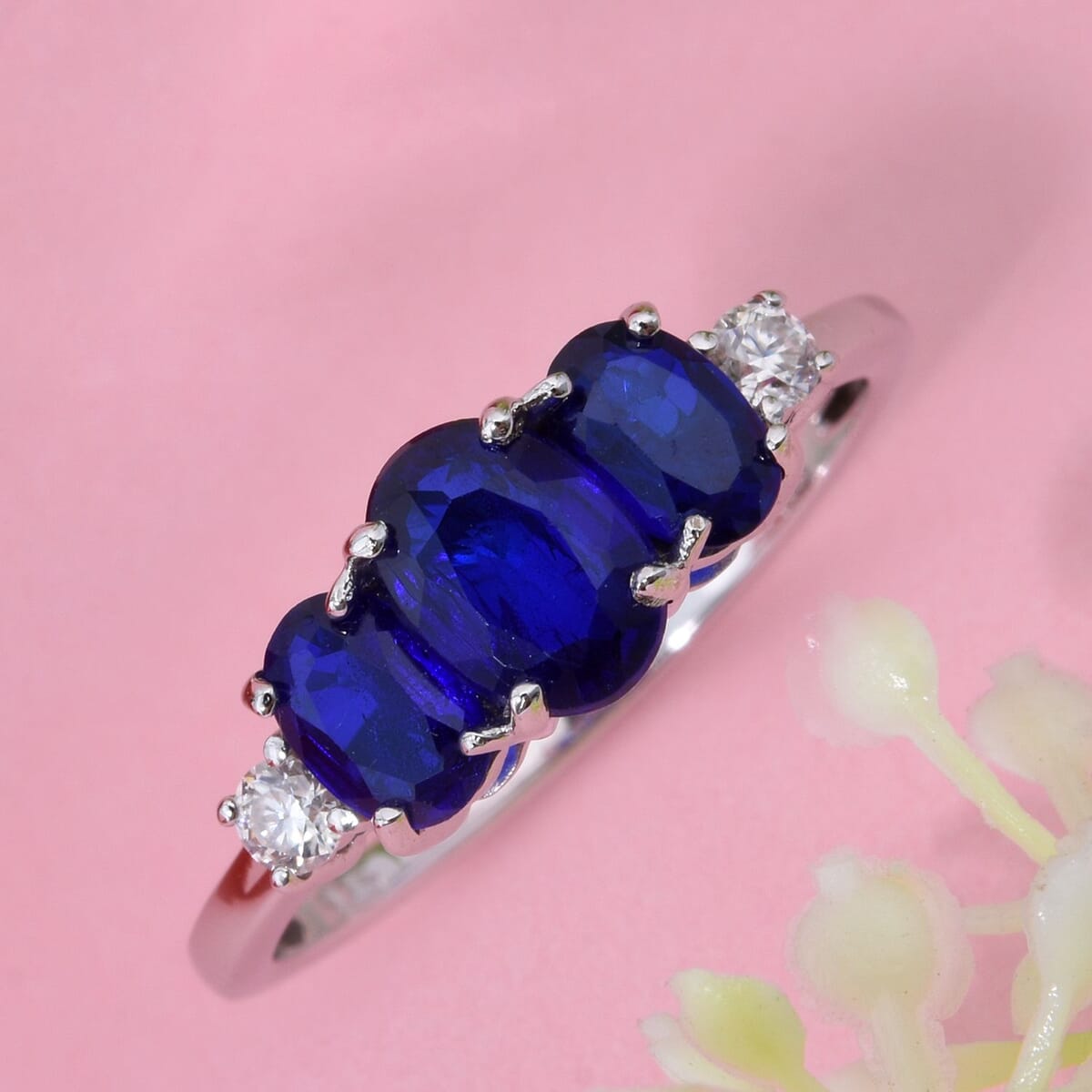 D'Joy Tanzanian Blue Spinel (DF) and Moissanite 2.00 ctw Ring in Rhodium Over Sterling Silver (Size 7.0) image number 1