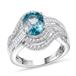 D'Joy Cambodian Blue Zircon and Moissanite 3.90 ctw Orbit Ring in Rhodium Over Sterling Silver (Size 10.0)