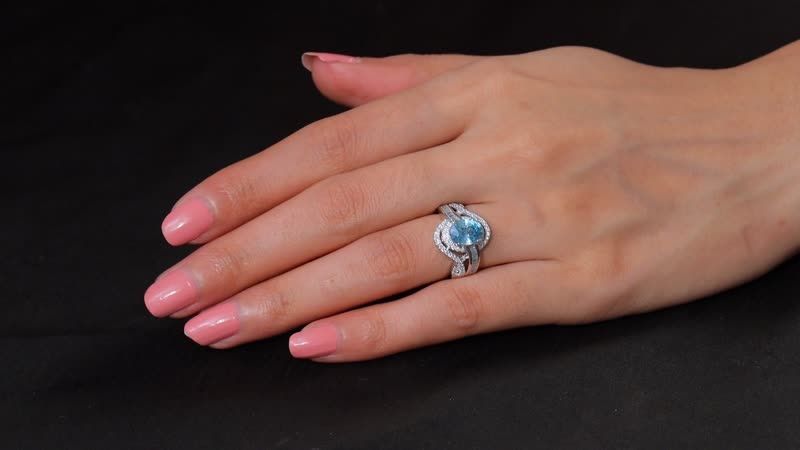 D'Joy Cambodian Blue Zircon, Moissanite Whirlpool Ring in Rhodium Over Sterling Silver (Size 10.0) 3.90 ctw