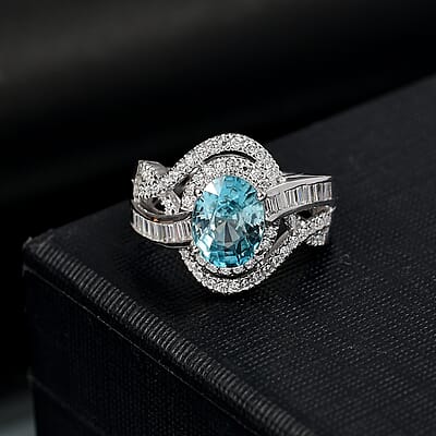 D'Joy Cambodian Blue Zircon and Moissanite 3.90 ctw Orbit Ring in Rhodium Over Sterling Silver (Size 10.0)